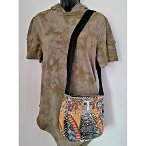 Laurel Burch Crossbody  Bag Brown Black Fantastic Feline Cat Purse Tot Handbag